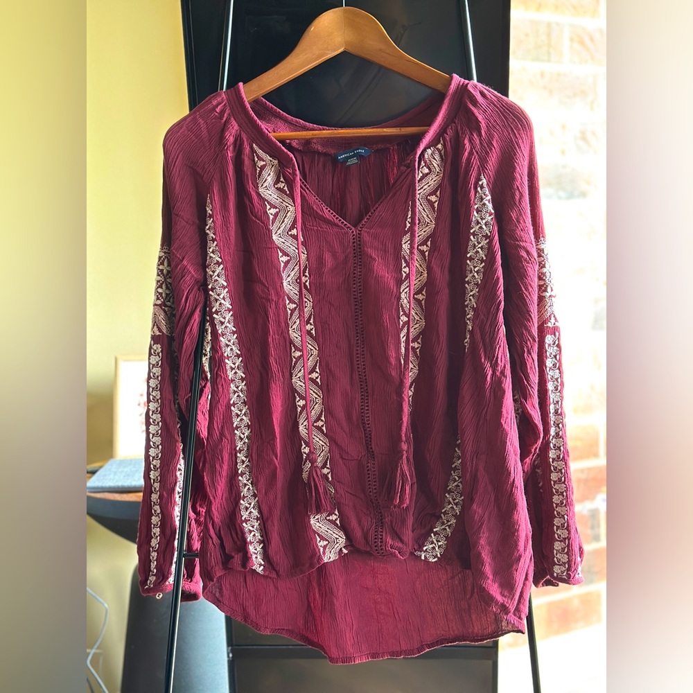 American Eagle Outfitters Red Embellished Long Sleeve High-Low Blouse
